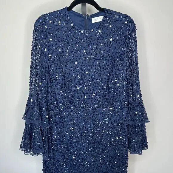 NWT MAC DUGGAL 10802 Navy Fully Sequined Ruffle Tiered 3/4 Sleeve Midi Dress - Picture 4 of 14